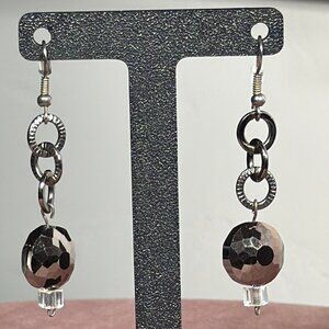 Chain-Link Faceted Bead Drop Earrings — Black & Silver Statement Dangles